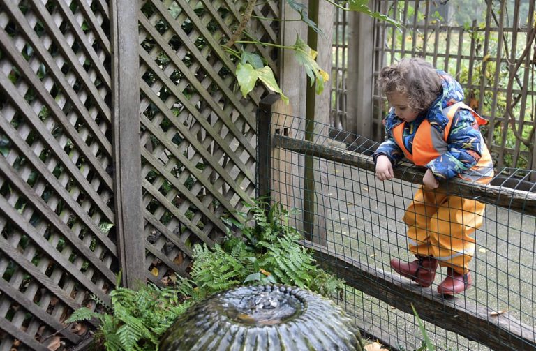 child looking at a water feature