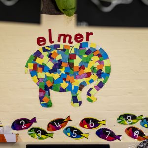 Elmer collage and numbered fish