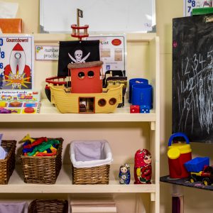 classroom equipment on shelves